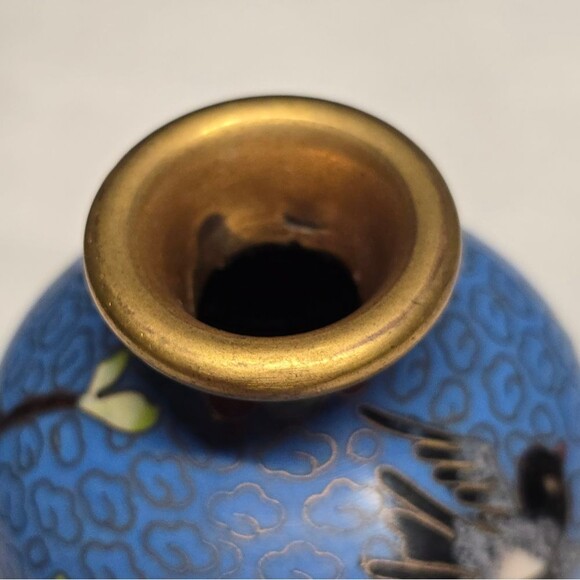 Cloisonne Cherry Blossom Flowers With Bird Blue Vintage Chinese Mini Vase - Picture 6 of 10